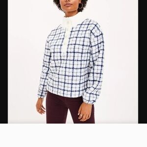 Loft Women's White and Blue Checkered Plaid Sweater XL
